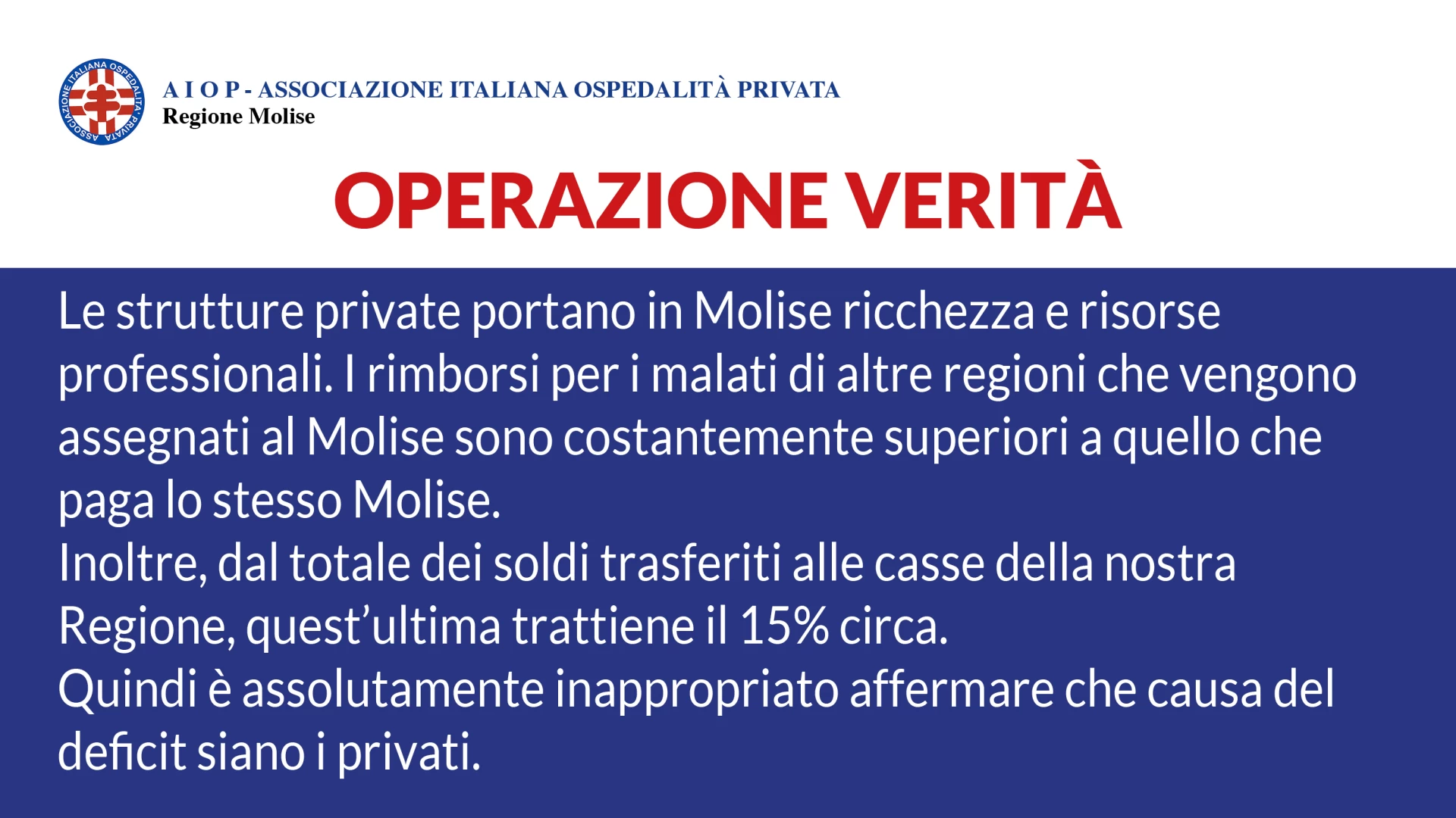 Continua l’operazione verità dell’Aiop Molise. Il “Caso Molise” nella nota dell’Associazione Italiana Ospedalità privata.